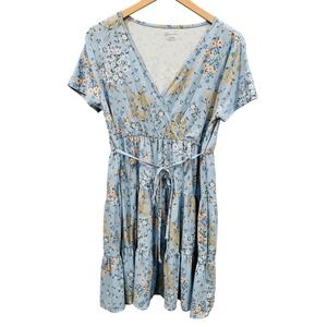 Blue Floral Tiered Mini Dress V-Neck Short Sleeve Sundress Boho Cottage (L)